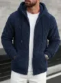 Men's dark blue fleece zip-up hoodie detail view, casual outdoor wear texture close-up. - S / Tops / Navy Blue