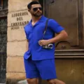 Blaues Herren Textstrick Kurzarmhemd und Shorts Sommer Freizeit Strand Bekleidungsset. - S / Oberteil und Unterteil / Blau