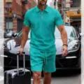 Men's turquoise short sleeve zip polo shirt and shorts set for summer casual outfit - Lake Blue