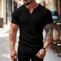Detail shot of men's ribbed V-neck short sleeve t-shirt, casual slim fit style. - S / Tops / Black