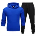 Men's casual hooded sweatshirt and sweatpants tracksuit set, comfortable fleece athletic wear. - Blue Top & Black Pants