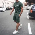 Men summer short sleeve t-shirt and shorts sportswear casual set green fashion outfit - S / Tops / Bean Green