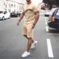 Men summer casual sportswear set short sleeve t-shirt and shorts outfit beige fashion apparel - Khaki