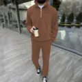 Men Corduroy Half-Zip Sweatshirt Set Casual Long Sleeve Top and Pants Autumn Winter Outfit - S / Top And Bottom / Dark Khaki