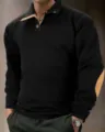 Heren lang mouw jacquard gebreide polotrui met contrasterende suède elleboogpatches. - S / Tops / Zwart