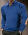 Heren lang mouw polo kraag jacquard gebreide truien met contrast patches blauwe kleur. - S / Tops / Blauw