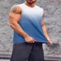 Vista dettagliata della canotta da fitness smanicata sfumata, tessuto traspirante e vestibilità comoda. - Celeste