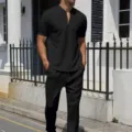 Men's waffle knit short sleeve half-zip polo shirt and casual trousers set for daily wear. - S / Top And Bottom / Black