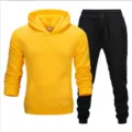 Men's casual tracksuit set featuring a yellow hooded sweatshirt and black fleece joggers. - Yellow Top & Black Pants