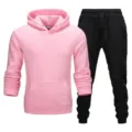 Men's pink hoodie and black sweatpants casual sportswear set for autumn and winter daily wear. - Pink Top & Black Pants