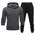Men's fleece lined hooded sweatshirt and sweatpants tracksuit set casual autumn winter apparel. - Dark Gray Top & Black Pants