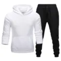 Men's casual fleece tracksuit set, white hooded sweatshirt and black joggers for autumn. - White Top & Black Pants with Black Label