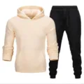 Men Casual Fleece Tracksuit Set Long Sleeve Hooded Hoodie and Jogger Sweatpants Beige Black - Beige Top & Black Pants