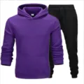 Men winter fleece hooded sweatshirt and sweatpants casual tracksuit set clothing new - Purple Top & Black Pants