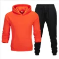 Men's fleece-lined hooded sweatshirt and sweatpants sports set, casual autumn and winter wear. - Orange Top & Black Pants
