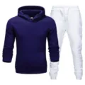 Men winter fleece hoodie and sweatpants tracksuit set casual dark blue and white sportswear. - Navy Top & White Pants