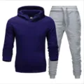 Men's solid color fleece hoodie and sweatpants sportswear two-piece set casual outfit - Navy Blue Top & Light Gray Pants
