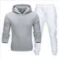 Men's Casual Tracksuit Set Gray Hoodie and White Sweatpants Sportswear Outfit for Autumn - Light Gray Top & White Pants