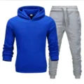 Men's blue hoodie and grey sweatpants athletic set casual fleece tracksuit for autumn winter. - Blue Top & Light Gray Pants