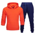Men's fleece lined casual hooded sweatshirt and sweatpants two piece tracksuit set. - Orange Top & Navy Pants
