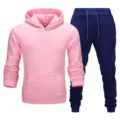 Men's pink hoodie and dark blue sweatpants casual sports tracksuit set for autumn. - Pink Top & Navy Pants