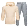 Men casual tracksuit set hoodie and sweatpants solid color comfortable sportswear outfit - Beige Top & Light Gray Pants