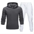 Men's casual sportswear set featuring a dark grey hoodie and white sweatpants for comfort. - Dark Gray Top & White Pants