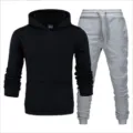 Men's casual tracksuit set featuring a black hoodie and light grey joggers for daily wear. - Black Top & Light Gray Pants