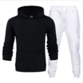Men's casual tracksuit set featuring a black hooded sweatshirt and white sweatpants for autumn. - Black Top & White Pants