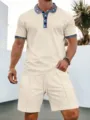 Detail shot of the waffle knit casual short-sleeve polo shirt and shorts set for men. - Khaki
