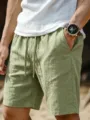 Men's casual linen shorts light green elastic drawstring waist summer beach breathable shorts - Light Green