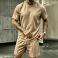 Set t-shirt e pantaloncini estivi casual in lino da uomo per vacanze al mare e relax - Taglia S / Top e Pantaloni / Kaki