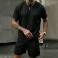 Set estivo casual da uomo camicia a maniche corte e pantaloncini in lino nero comodo outfit - Taglia S / Top e Pantaloni / Nero