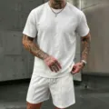 Set estivo casual da uomo in lino con maniche corte e pantaloncini, ideale per la spiaggia. - Taglia S / Top e Pantaloni / Bianco