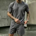 Men's summer casual linen short sleeve and shorts set beach vacation outfit comfortable grey - Dark Gray