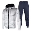 Close-up details of the men zip-up hoodie and sweatpants set featuring gradient dots print. - S / Top And Bottom / White Top and Navy Blue Pants