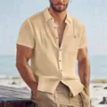 Herren einfarbig kurzarm Leinenhemd Freizeit Revers lose atmungsaktiv Sommer Oberteil - S / Oberteile / Khaki