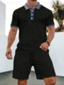 Men's summer casual waffle knit polo shirt and matching shorts set with ethnic trim. - S / Top And Bottom / Black