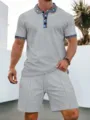 Detail view of men's summer waffle knit casual polo shirt and shorts set with ethnic collar trim. - S / Top And Bottom / Gray