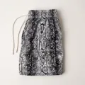 Detailed view of men's casual sports shorts featuring bold snakeskin digital print and drawstring waist. - Grey Snake Print Pattern