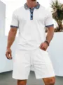 Men's summer waffle knit polo shirt and shorts casual set with ethnic print details. - S / Top And Bottom / White