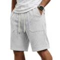 Men's casual waffle shorts, light grey summer drawstring beach shorts with pockets. - S / White (Without Label)