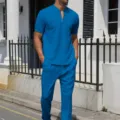 Men casual waffle knit short sleeve zipper polo shirt and trousers set detail view. - S / Top And Bottom / Blue