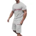 Men summer casual short sleeve t shirt and comfortable shorts sportswear set detail view. - S / Top And Bottom / Light Gray