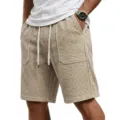 Mens casual waffle shorts with drawstring elastic waist and pockets for summer wear. - S / Khaki (Without Label)