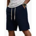 Men's casual waffle knit shorts in navy blue, loose fit summer beach wear with deep pockets. - S / Navy (Without Label)