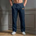 Men's casual loose straight leg linen trousers with drawstring waist and pockets for autumn. - Navy Blue