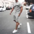 Men summer casual short sleeve t-shirt and shorts set light grey street wear detail view. - Light Gray