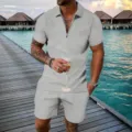 Men casual solid knit zip polo shirt and shorts set, comfortable short sleeve resort outfit. - Light Gray