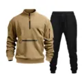 Detail view of men's casual fleece quarter-zip sweatshirt and sweatpants track suit. - Camel